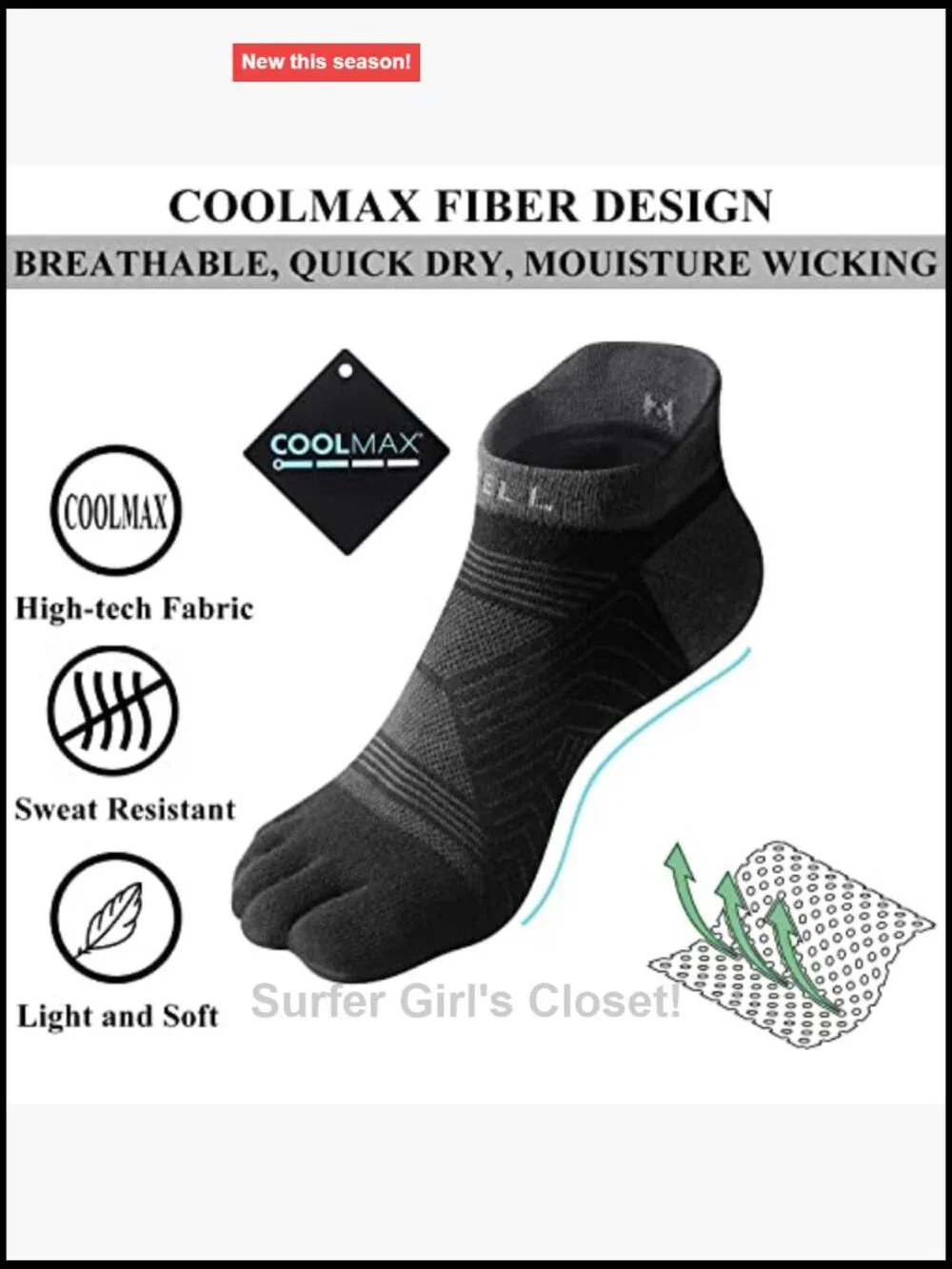COOLMAX Five Finger Toe Socks No Show Athletic Performance 3 Pairs